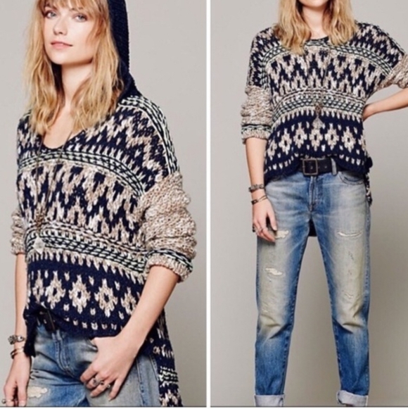Free People Fairisle Hooded Sweater High Low Hem Oversized XS Navy Cream NWT - Picture 16 of 16
